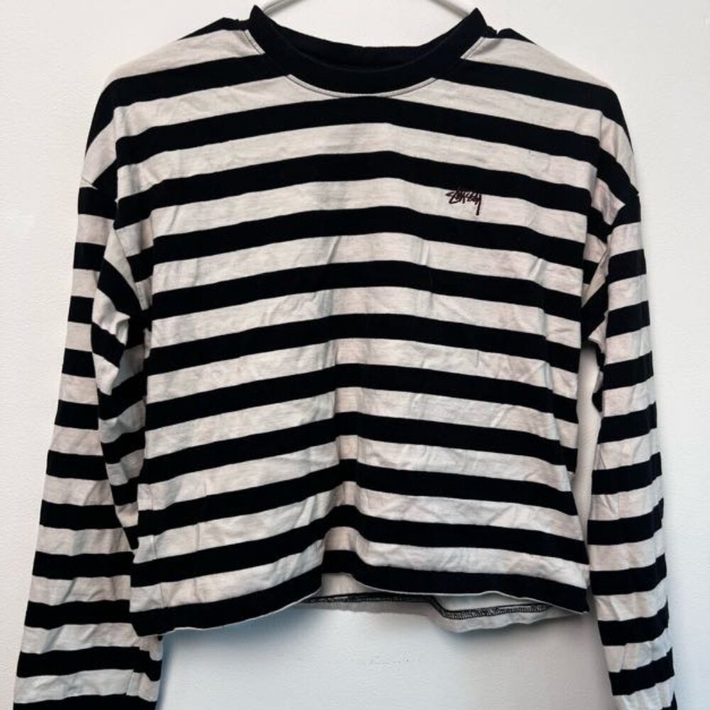 stussy black and white striped crop long sleeve
